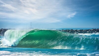 A breaking wave at the Wedge in Newport Beach, California