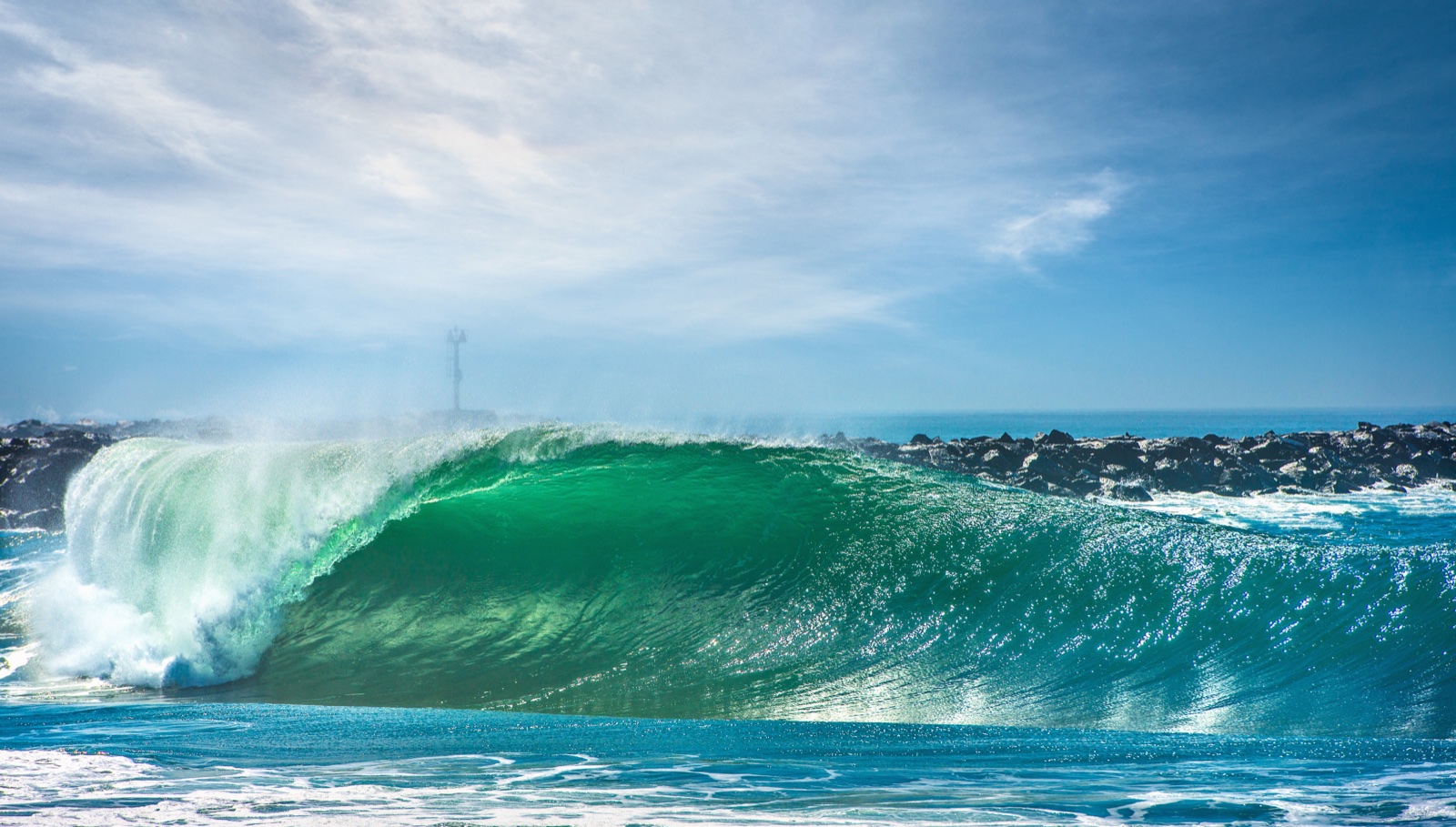 A breaking wave at the Wedge in Newport Beach, California
